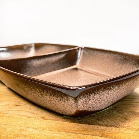 VTG Frankoma Plainsman Brown Tan Ceramic 13” Divided Serving Dish 5QD Ovenproof - Picture 3 of 9